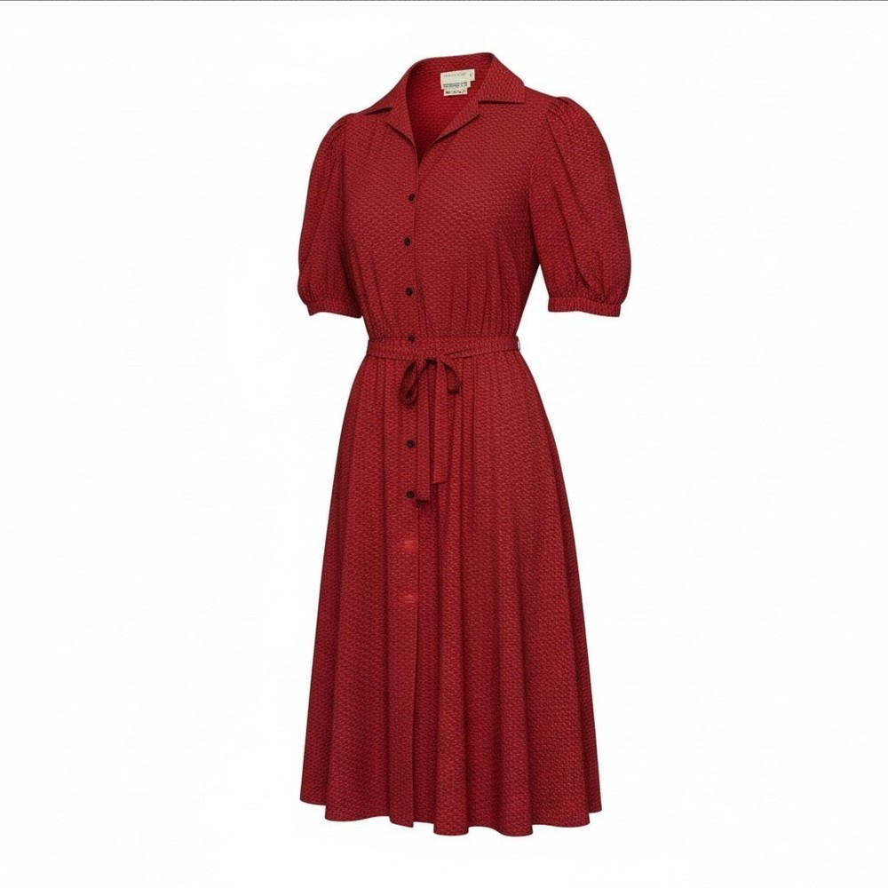 Bergdorf Goodman Vintage Patterned Red Swing Dress, Fitted Waist