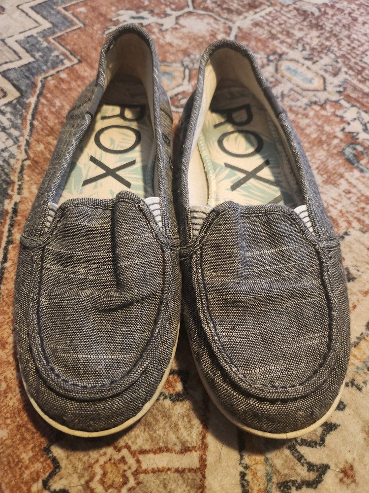 Women's Roxy Minnow V Grey Canvas Loafers Slip On Shoes Size 7.5M
