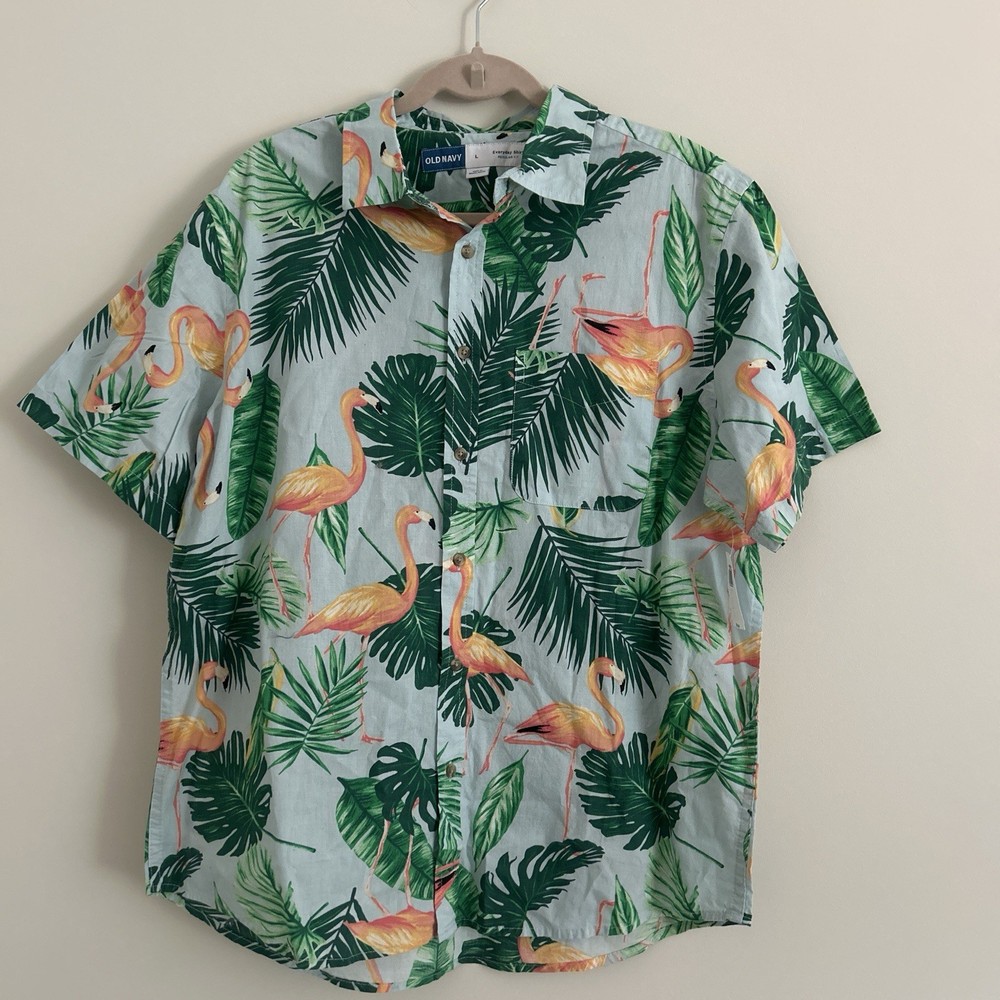 NEW NWT Old Navy Shirt Men’s L Large Flamingo Short Sleeve Button Up Camp