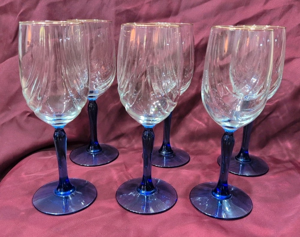 Set of 6 Vtg Lenox Crystal Gold Rim Cobalt Blue Stemmed Wine Swag Draped Glasses