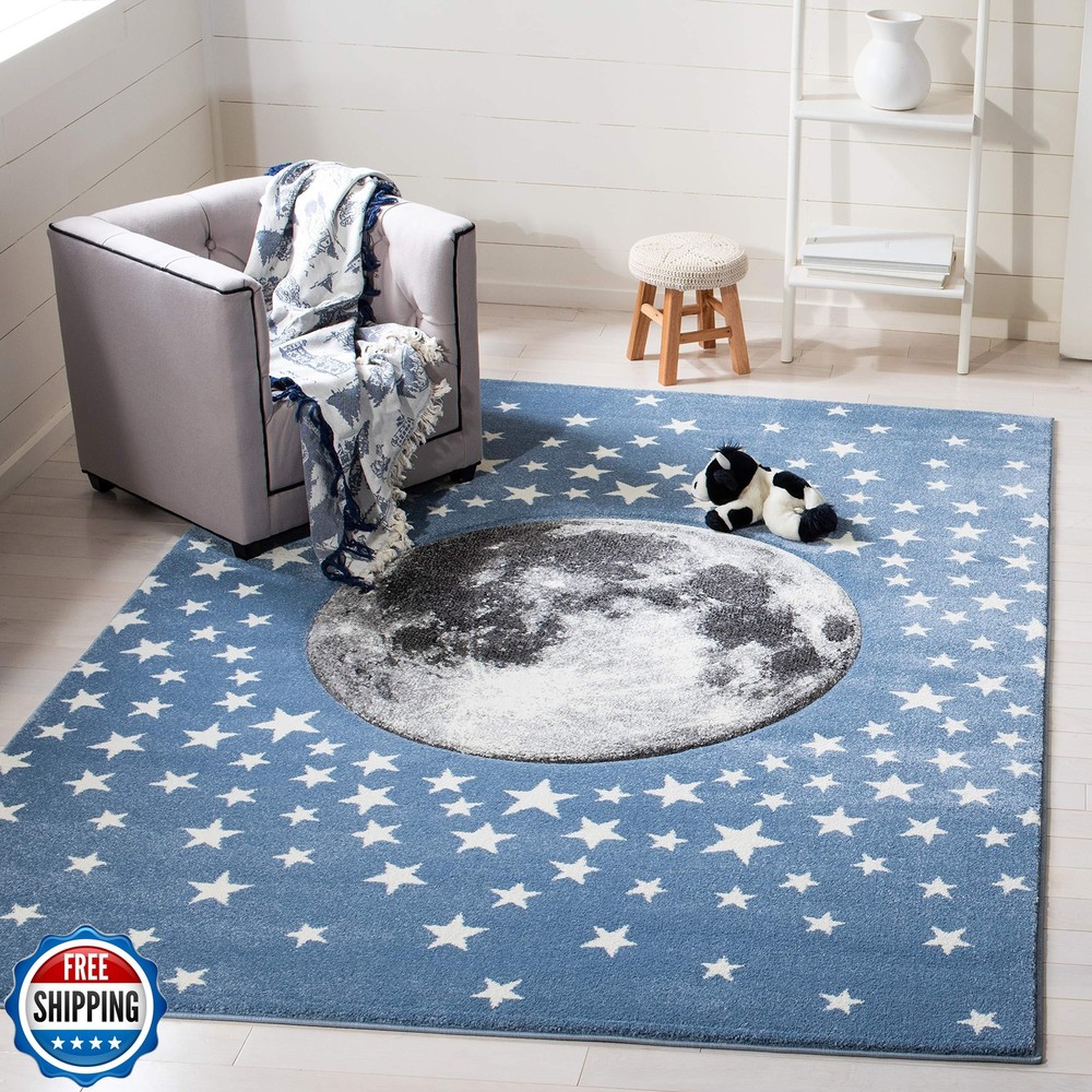 SAFAVIEH Carousel Kids Collection 4' Square Light Blue/Grey CRK135L Moon and
