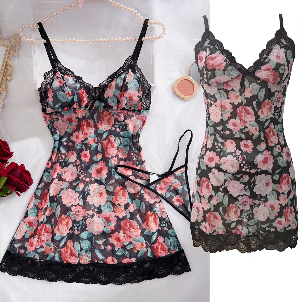 Women's Sexy Floral Lingerie Set Slip Nightdress Lace Sheer Sleepwear G-string