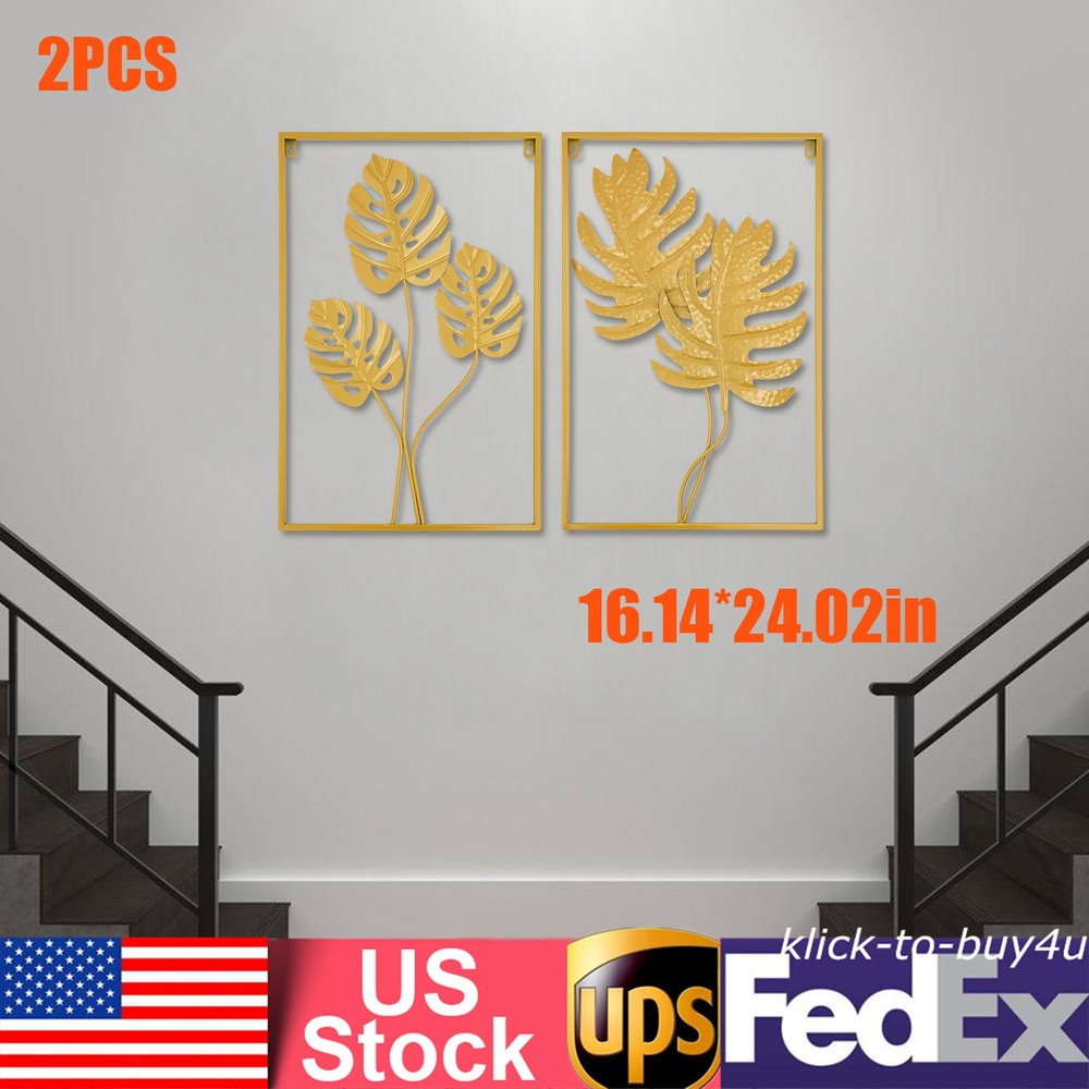 2* Wall Decorations Metal Wall Art Hanging Sculpture Gold Leaf Home Garden Decor
