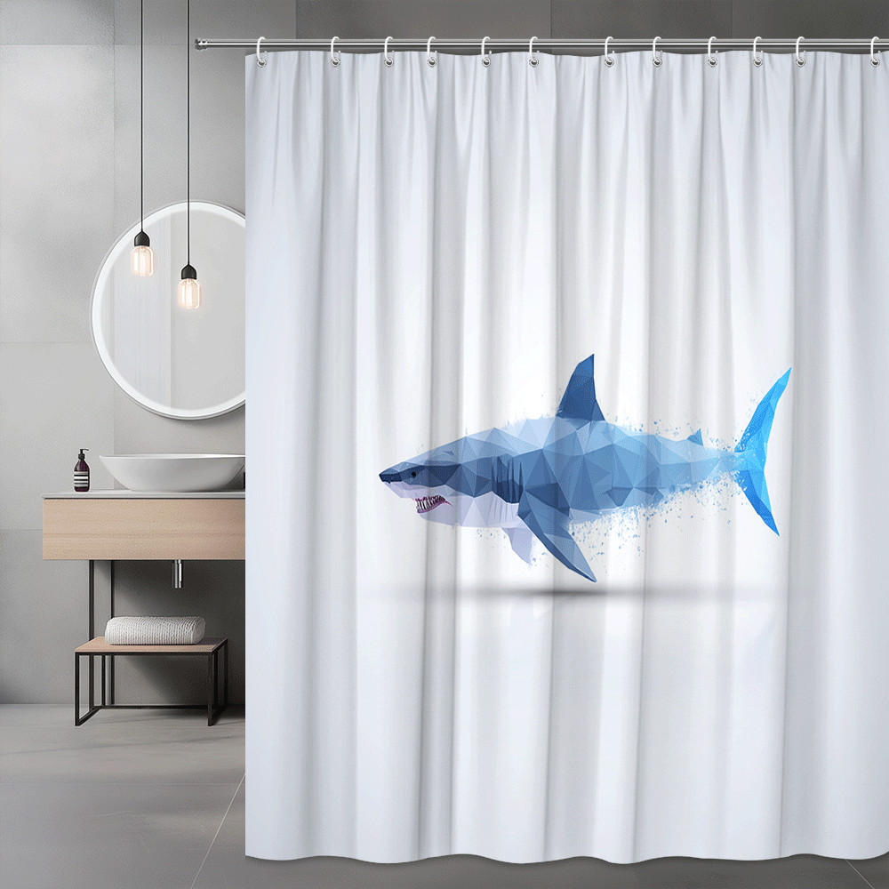 Blue Shark Shower Curtain Geometric Ocean Animal Print