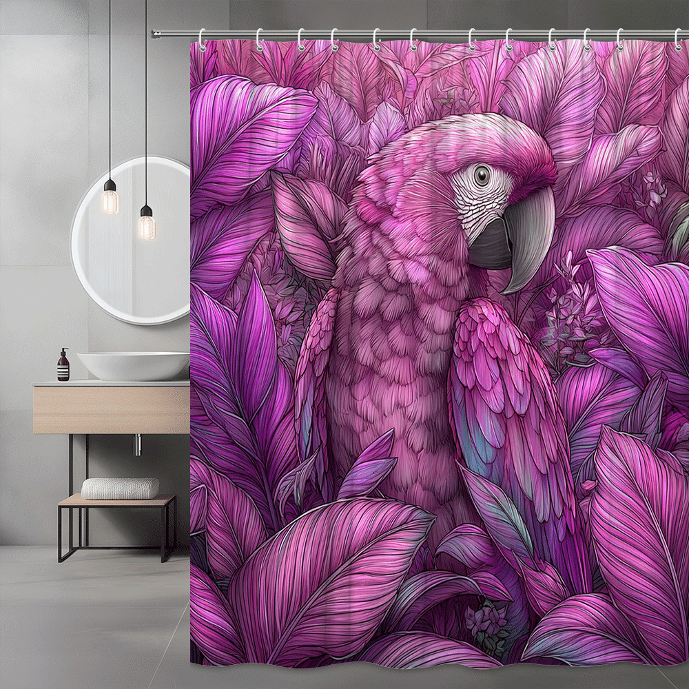 Pink Parrot Floral Shower Curtain, Tropical Bird Leaf Print