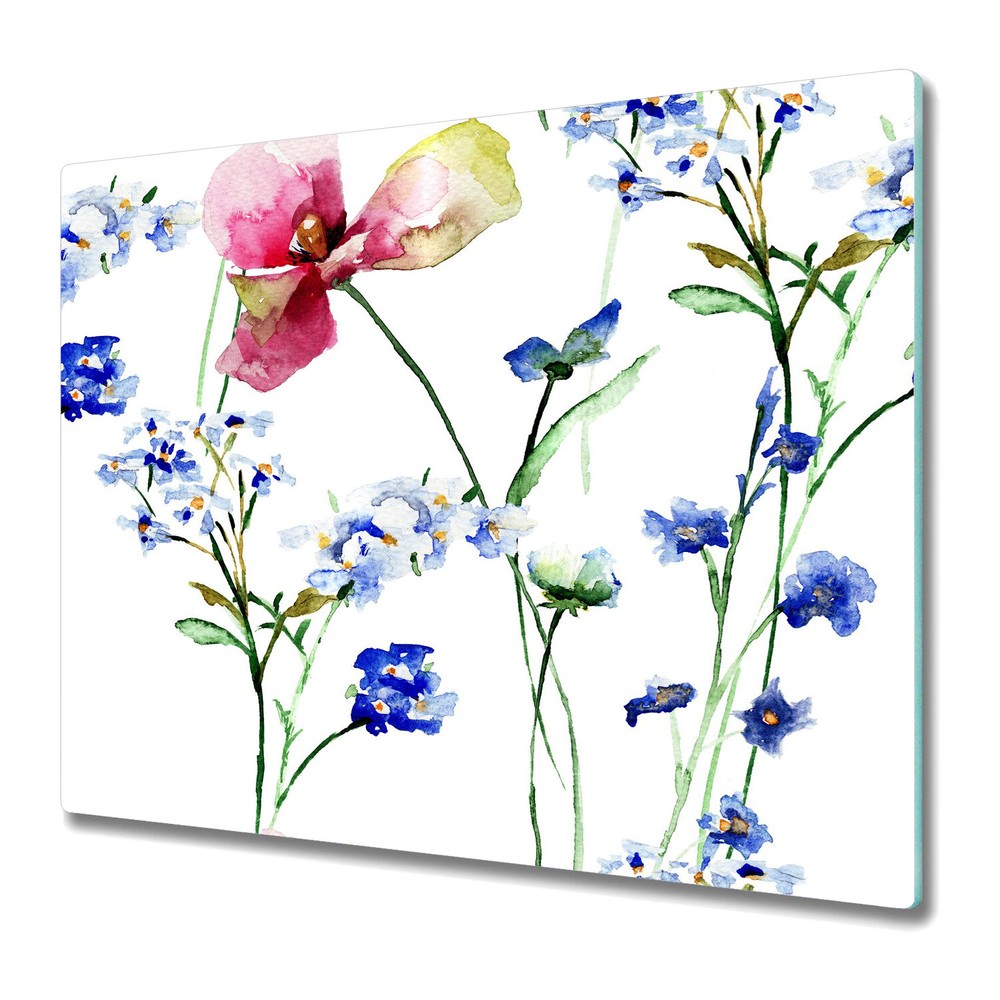 Glass Chopping Cutting Board Worktop Saver Wild flowers blue and pink 60x52
