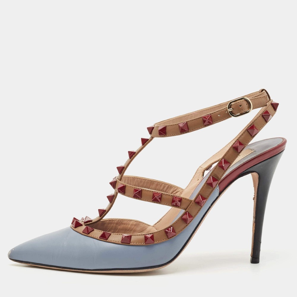 Valentino Light Blue Leather Rockstud Cage Pumps Size 405