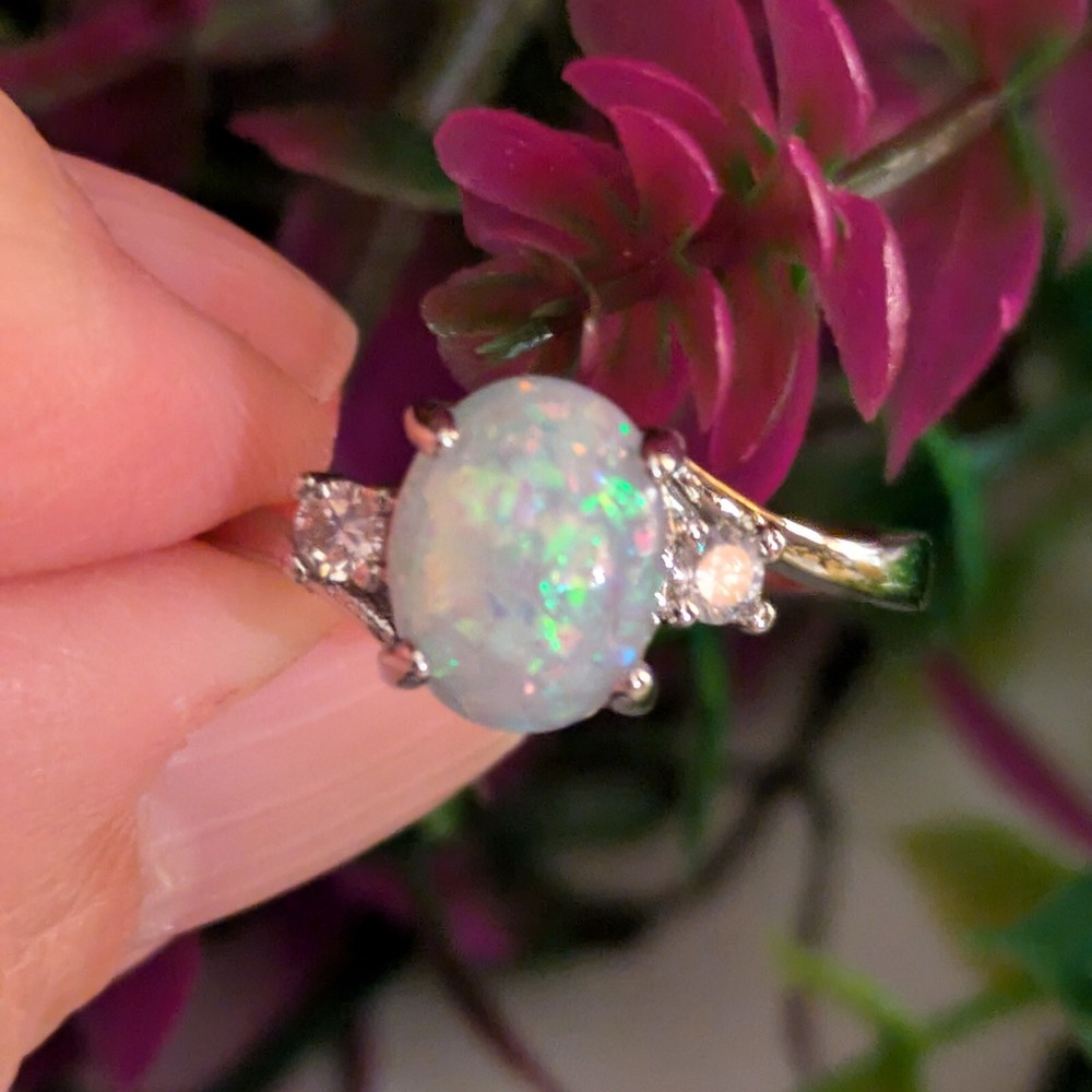 925 Sterling Silver Plated And Created Fire Opal Ring With CZ Accents Size9