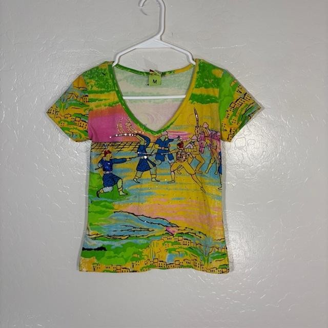 Save The Queen Shirt Womens Medium Multicolor V Neck Graphic Rhinestone Italy