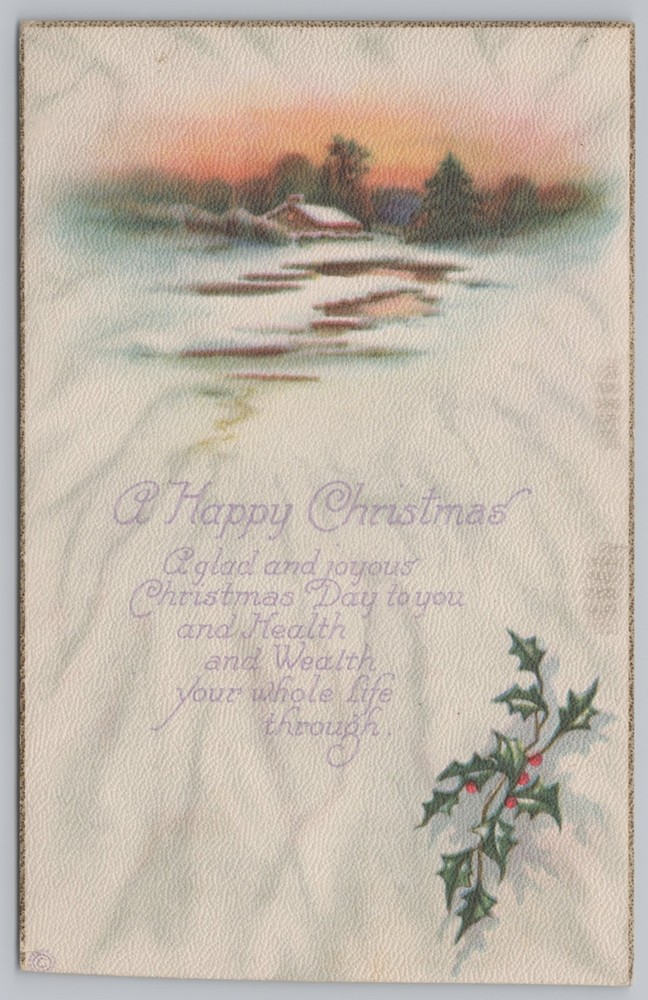 Holiday~Holly & Home By Lake Happy Christmas Poem~Stecher Vintage Postcard