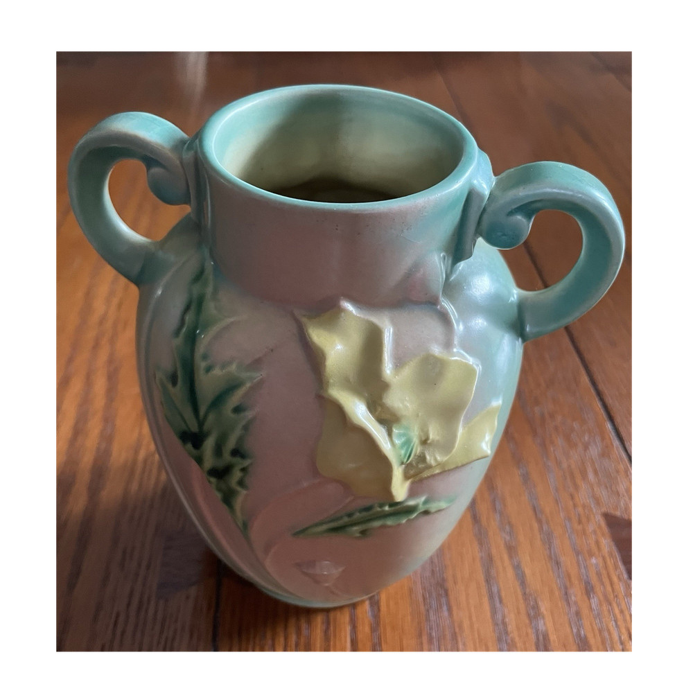 Vintage Roseville Pottery Poppy Vase 867-6 Double Handle Floral Art Pottery