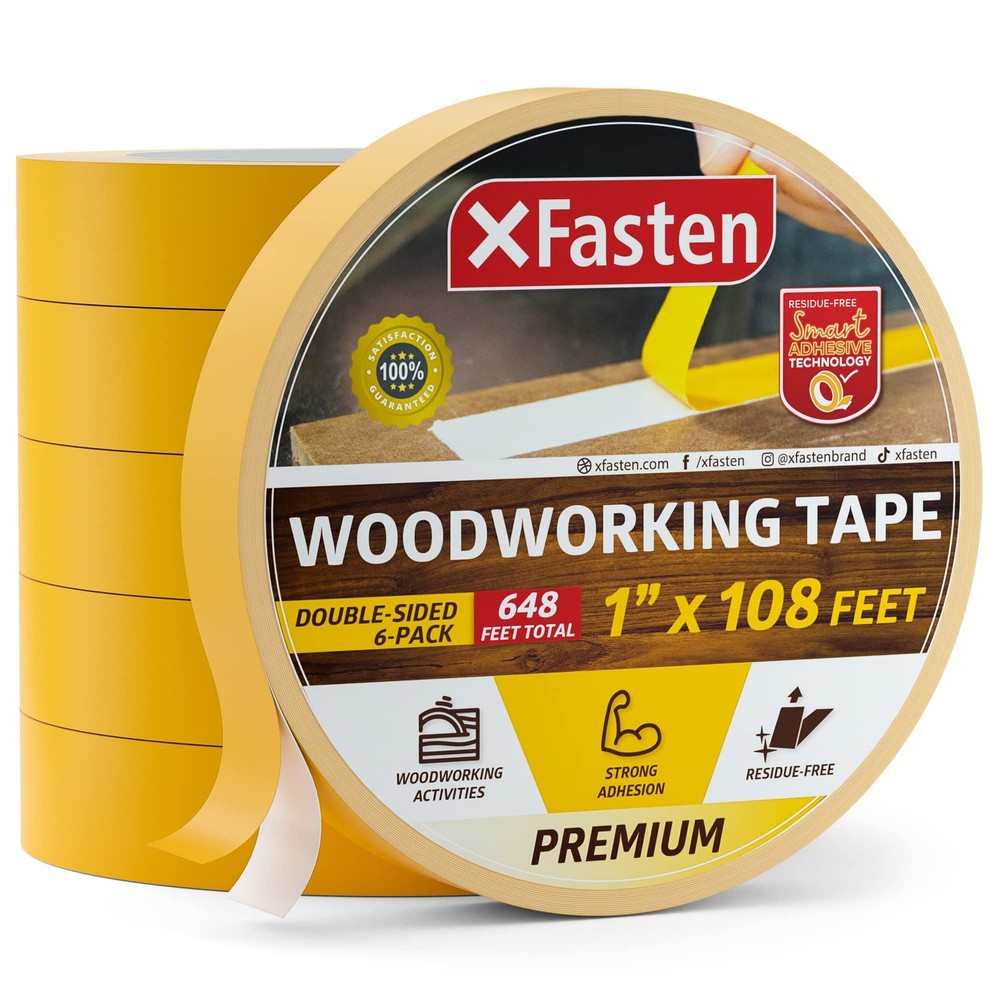 XFasten Double Sided Tape Woodworking Tape 1-Inch x 36-Yards, 6-Pack Double S...