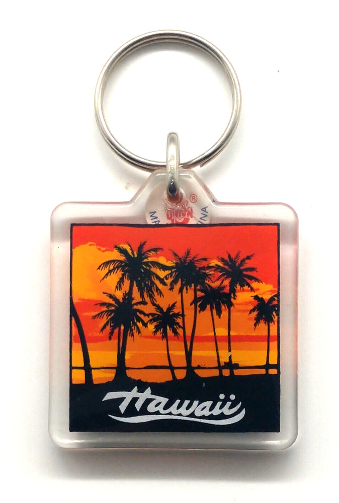 Vintage NOS Hawaii Sunset Palm Trees Beach Keyring Keychain
