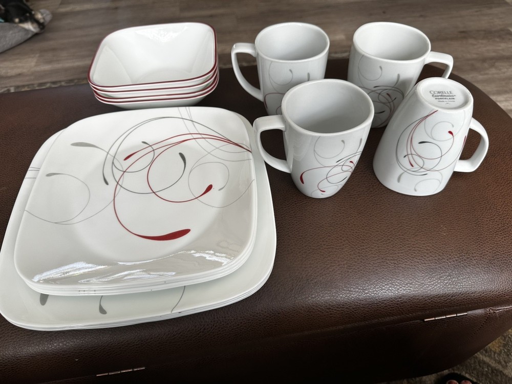 Corelle Splendor Square Set Of 4 Each Dinner & Luncheon Plates & Bowls & Mugs