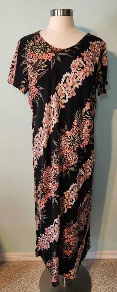 Vintage Hilo Hattie Black Tropical Hawaiian Floral Stripe Shift Maxi Dress Sz XL