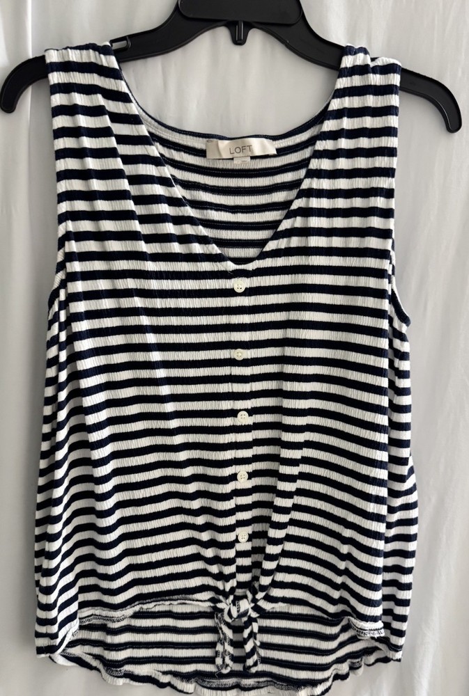 LOFT Navy & White Striped Sleeveless Button Tie Tank Top