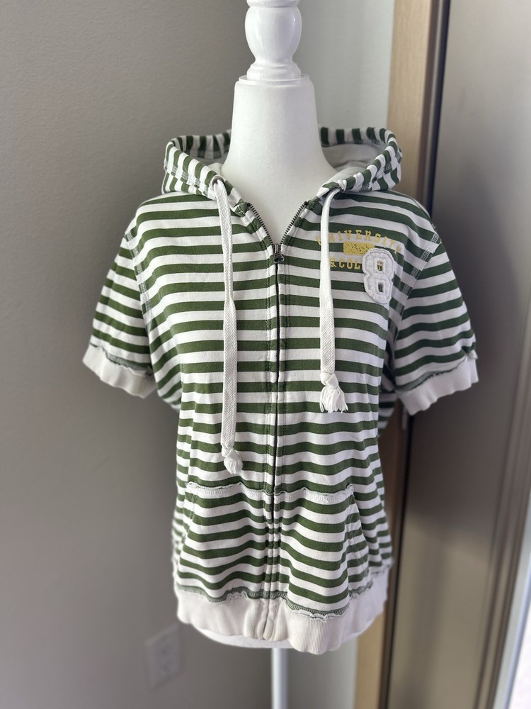 VTG Full Zip Green & White Embroidered Striped Hoodie Y2K Kidcore Indie Sleaze