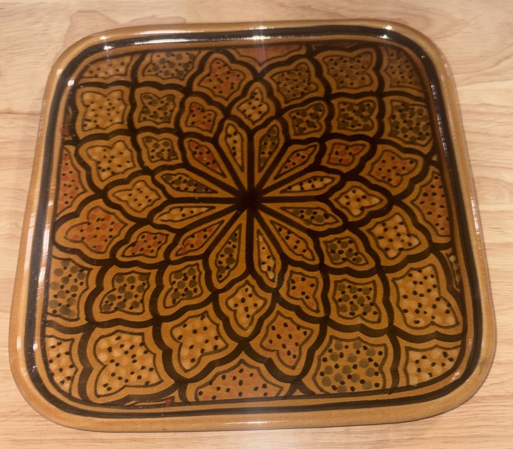 Vintage Le Souk Tunisia Honey Square Ceramic Footed Serving Platter Tray 11 1/4