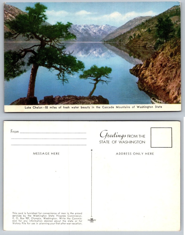 Vintage Lake Chelan Washington Postcard Cascade Mountains WWII Era Unposted