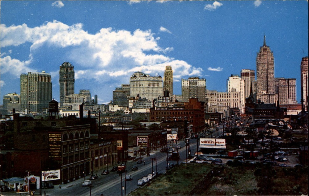 Skyline Detroit Michigan from West Fort Street aerial view ~ 1950s-60s postcard