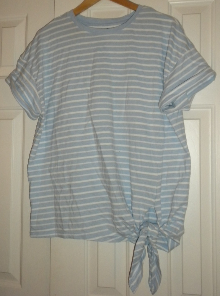 Women's 1X Chaps Blue & White Stripe Knit Top Blouse Tie Hem Short Sleeve Cuffed