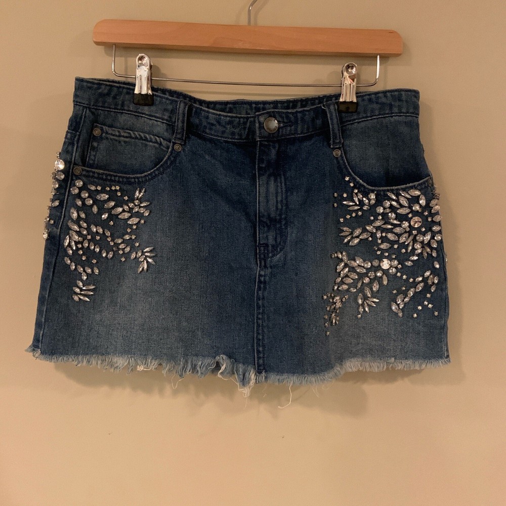 Free People Shine Bright Embellished Rhinestone Denim Mini Skirt Sz 8