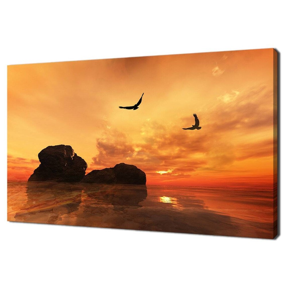 Eagles Flying Over Sea Rocks At Sunset Wall Art Canvas Unframed Print Art