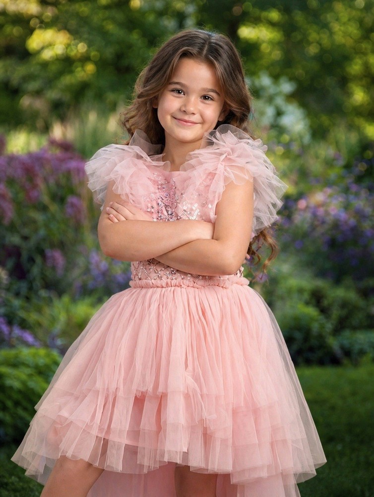 Girls Pink Hi-Low Tutu Dress 8-9 Floral Sequin Beaded