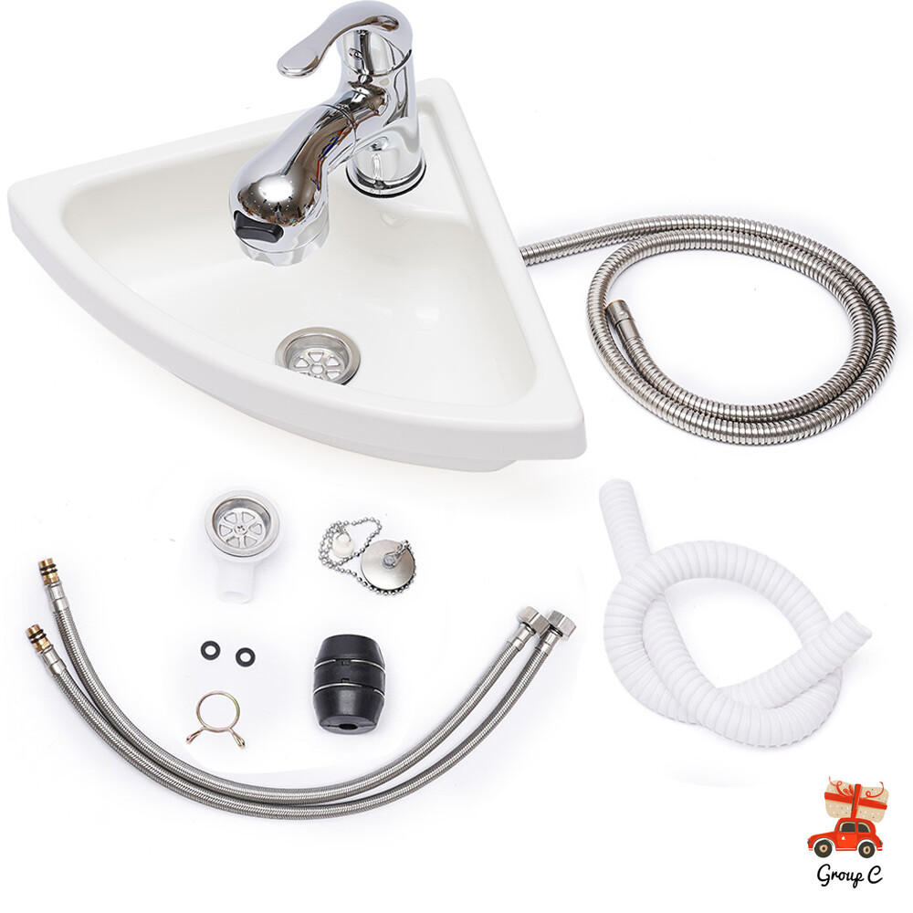 Boat Caravan Rv Camper Corner Vanity Sink White with Faucet Drain and Hose Kit