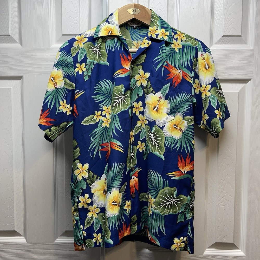 Alvish Hawaiian Men’s Shirt Short Sleeves Side Cuts Camp Collar Tropical Size M