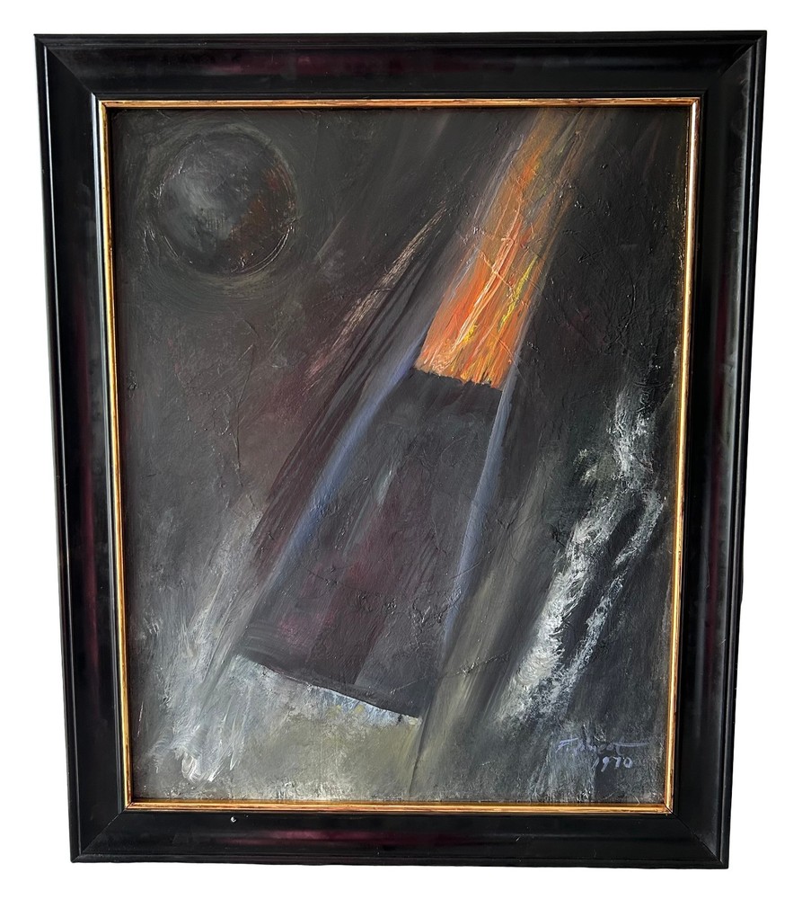 Fred Lincot Signed 1970 Cosmic Painting – Vintage Space Age Oil – Framed