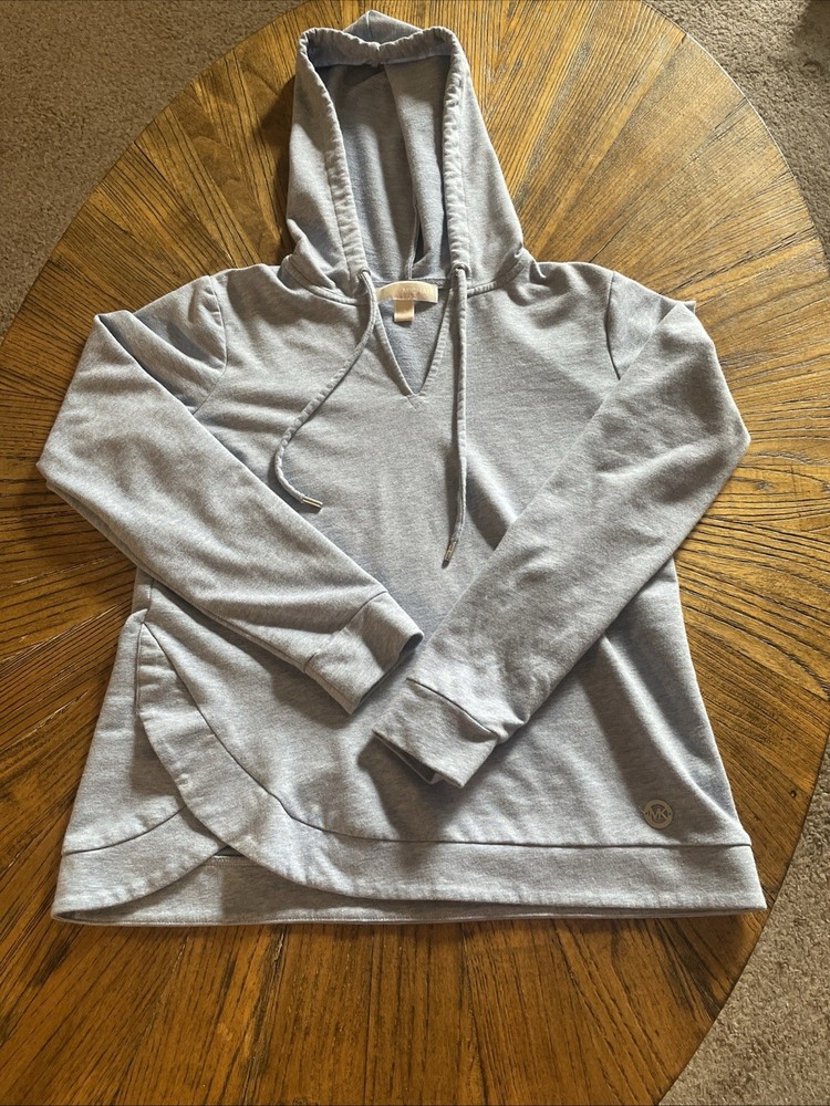 Michael Kors Heather Blue Pullover Hoodie V-Neck Logo Women's Long Sleeve Size S