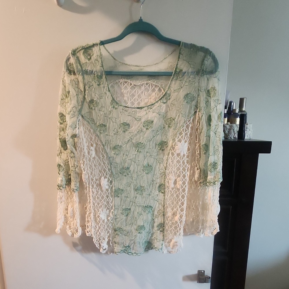 Women’s Green White Floral Lace Sheer Scoop Neck 3/4 Sleeve Blouse Size S