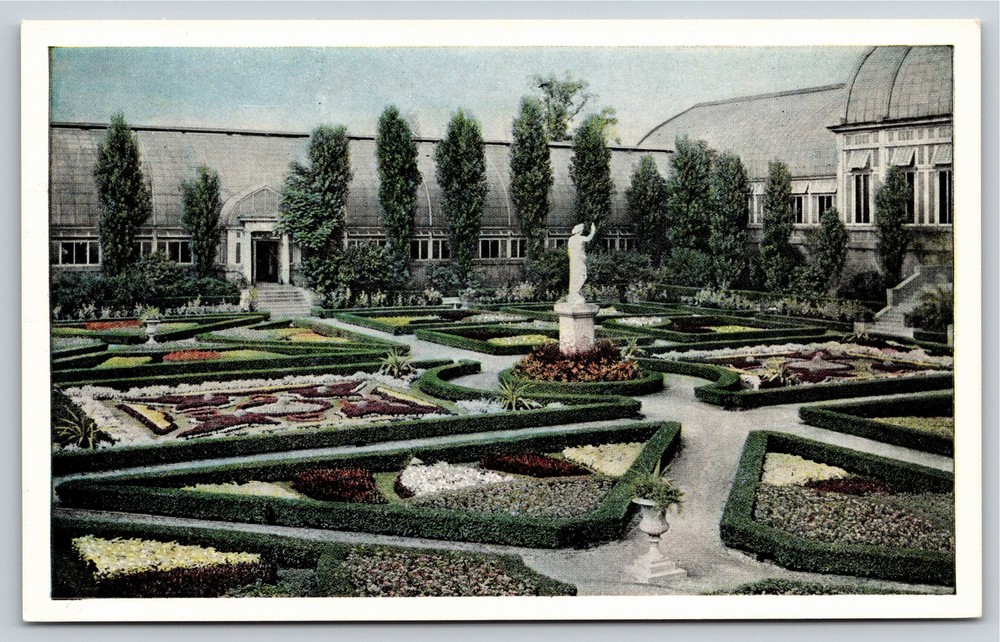 Flowers~St Louis Missouri~Statue Of Juno @ Botanical Gardens~Vintage Postcard