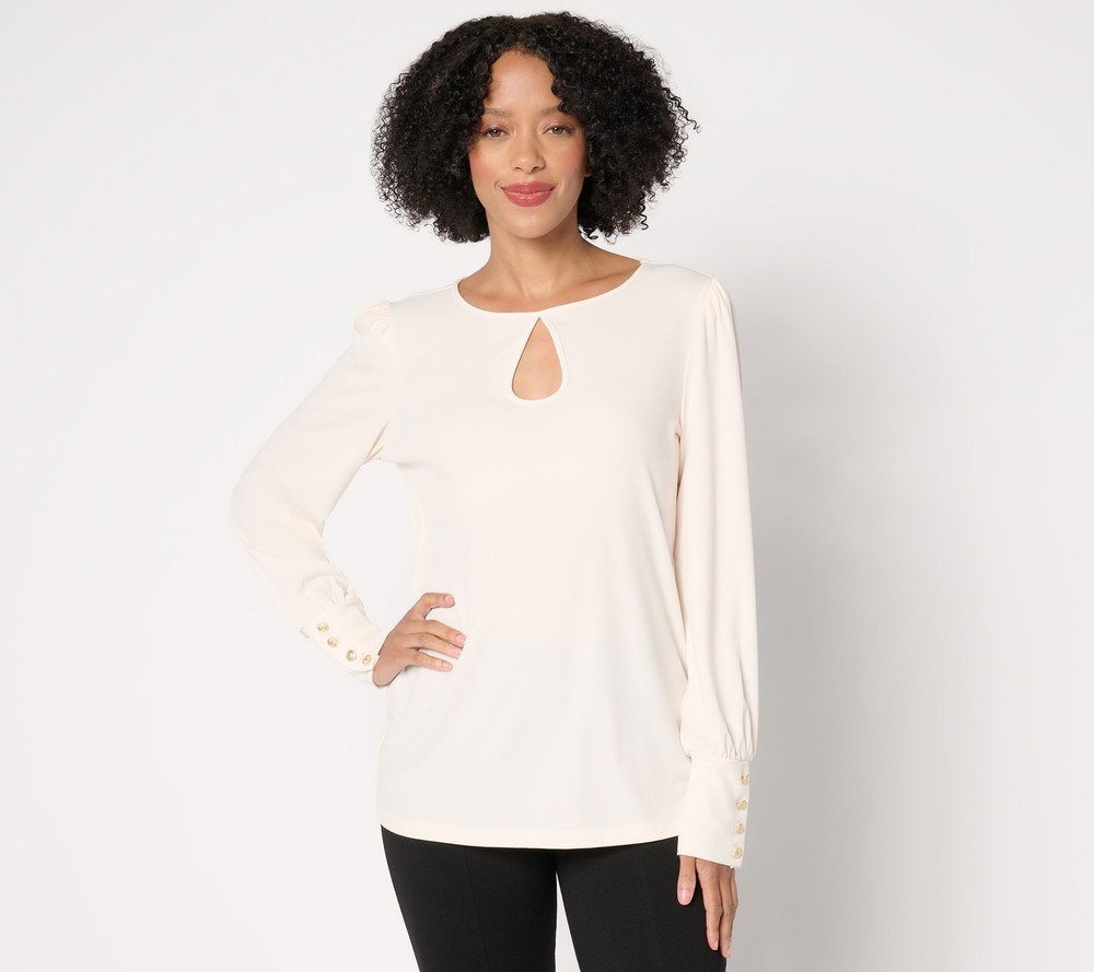 Susan Graver Women's Top Sz S Liquid Knit Long-Sleeve with Keyhole White A672464