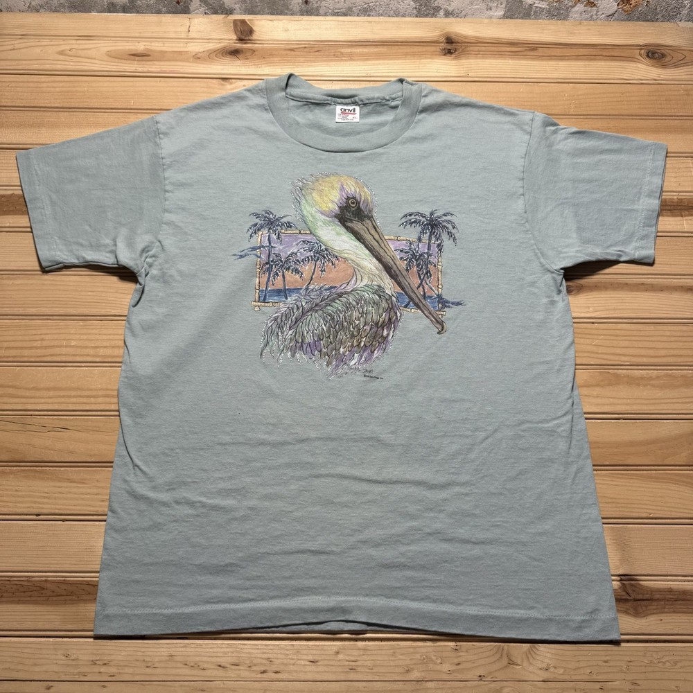 Vintage 90s Pelican Colorful Art Beach Palm Tree Shirt Size XL Single Stitch