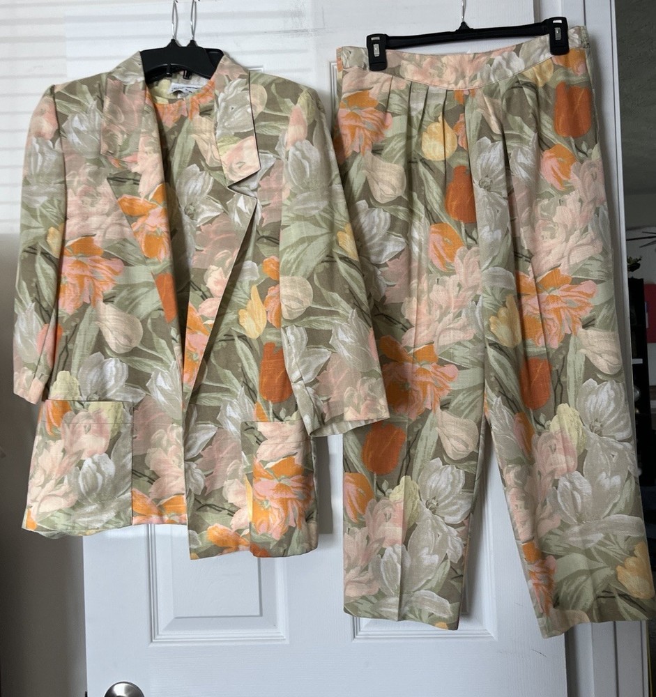 Vintage 90s Floral 3 Piece Set Blazer Top Pants Cottagecore Size 8 (~S/M)