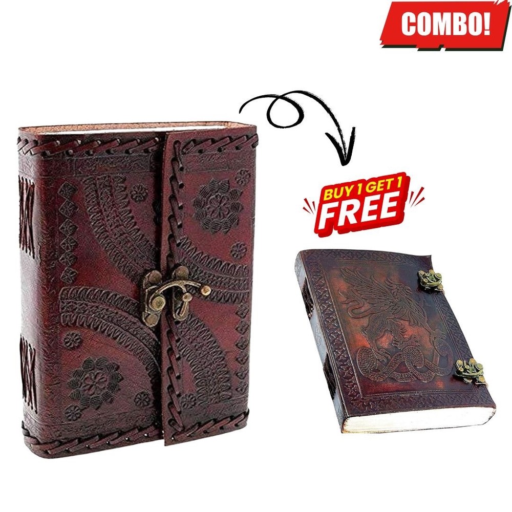 Handmade Genuine Leather Journal–8x6 Vintage Sketchbook,200Pages B1G1 Combo Set