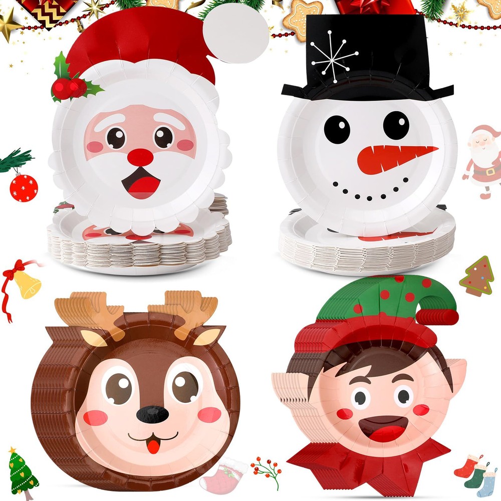 100 Pcs Christmas Paper Plates Christmas Disposable Plates Santa Christmas Pl...