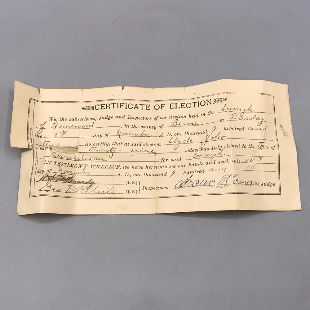 Antique Election Certification 1910 Beaver Pennsylvania