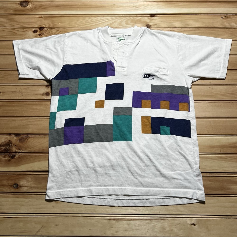 Vintage 80s 90s Cancun Mexico Abstract Geometric AOP Crazy Barman Shirt Medium