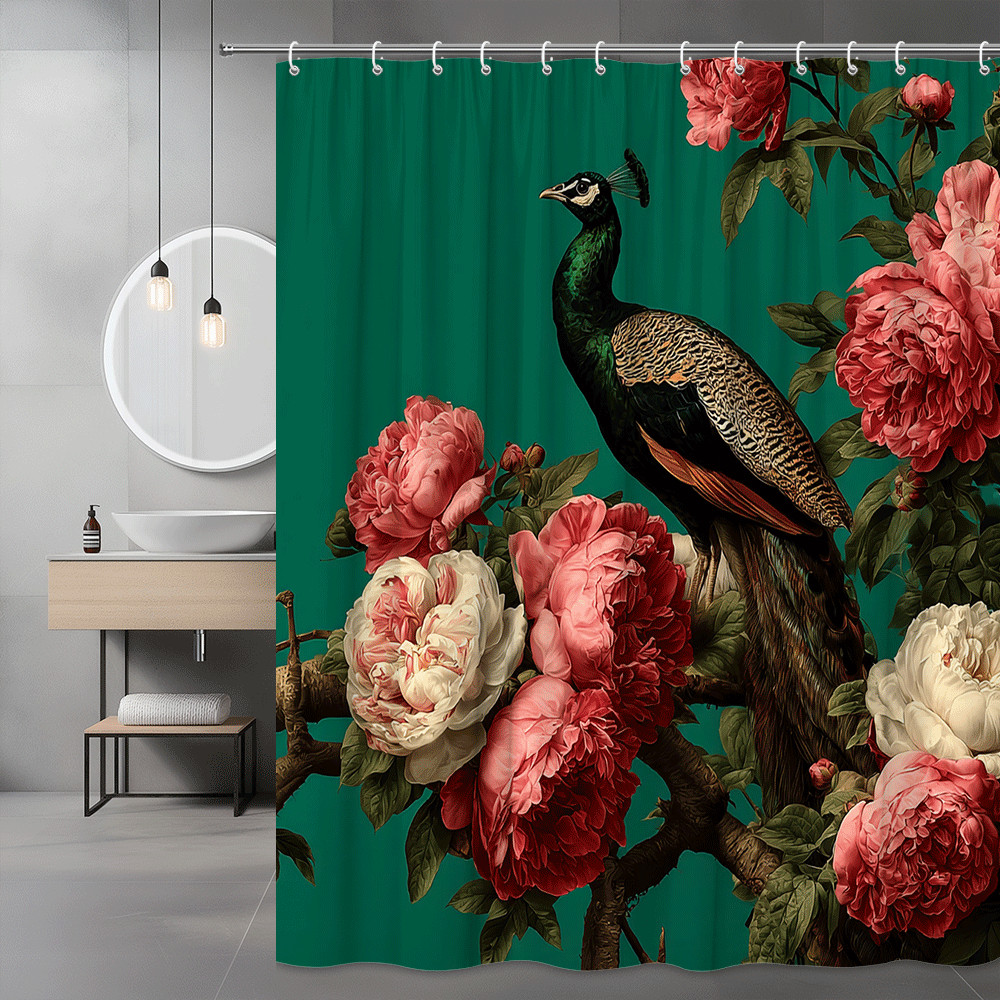 Peacock and Peonies Shower Curtain Floral Bird Print