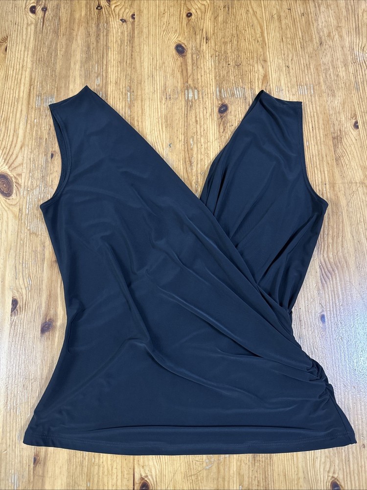 Black Surplice Wrap Ruched Tank Top Women's Large V-Neck Drape Made USA