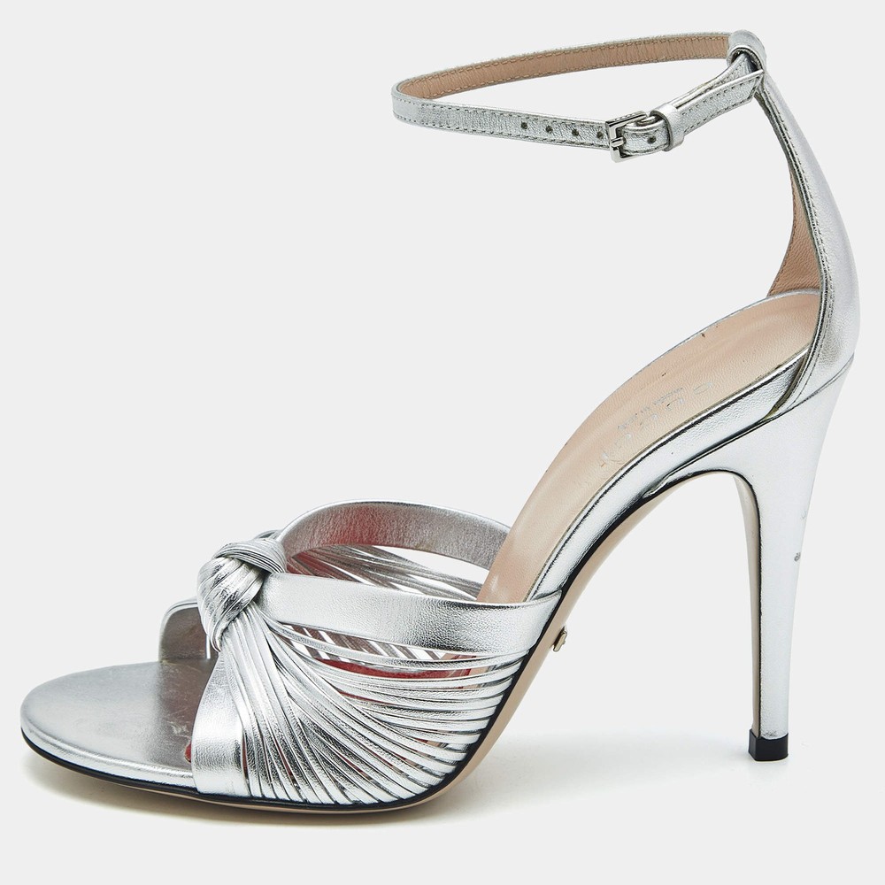Gucci Silver Leather Allie Knot Ankle Strap Sandals Size 36