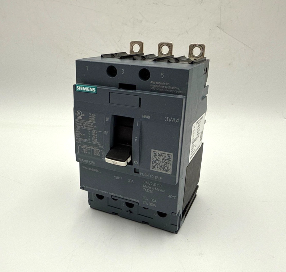 Siemens 3VA4130-6ED34-0AA0 Circuit Breaker 30A 3P 600V 3VA Bolt On 30 Amp 3 Pole