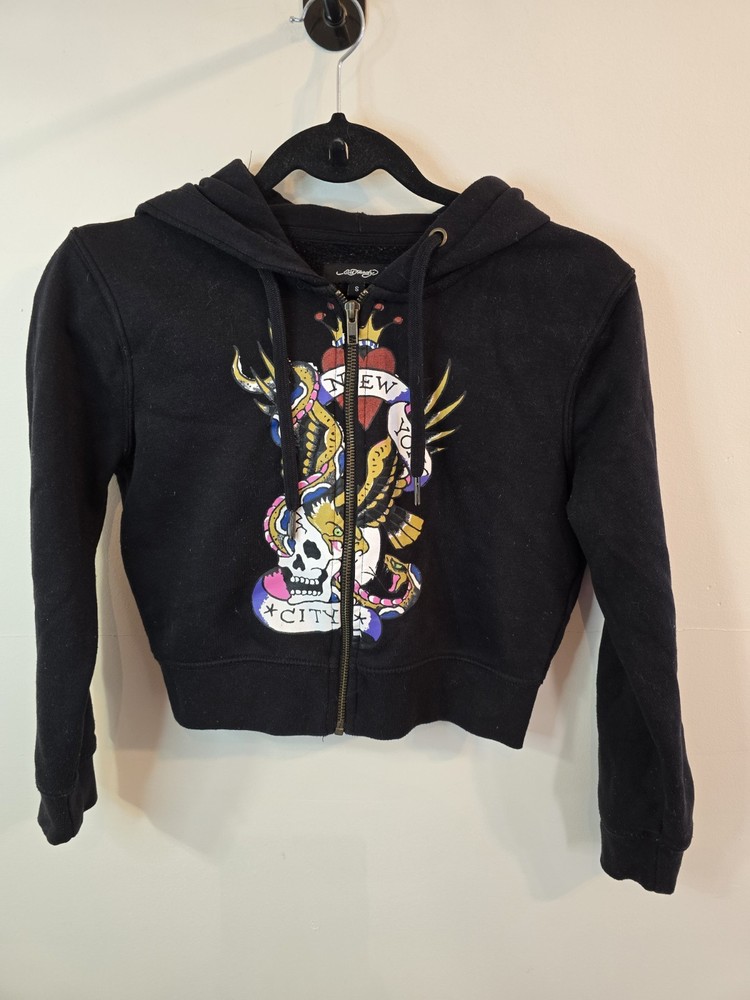 Ed Hardy Women's Small Black Cropped Full Zip Graphic Hoodie Grunge Y2K Style