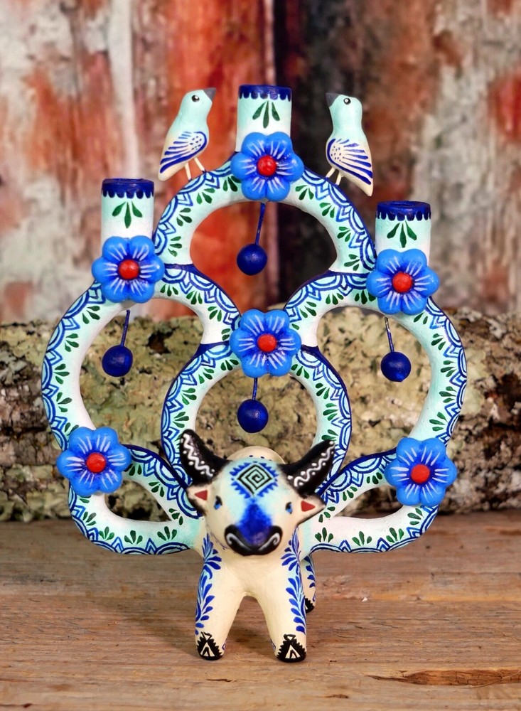 Tiny Tree of Life Candelabra Bull Birds Flowers Handmade Clay Mexican Folk Art