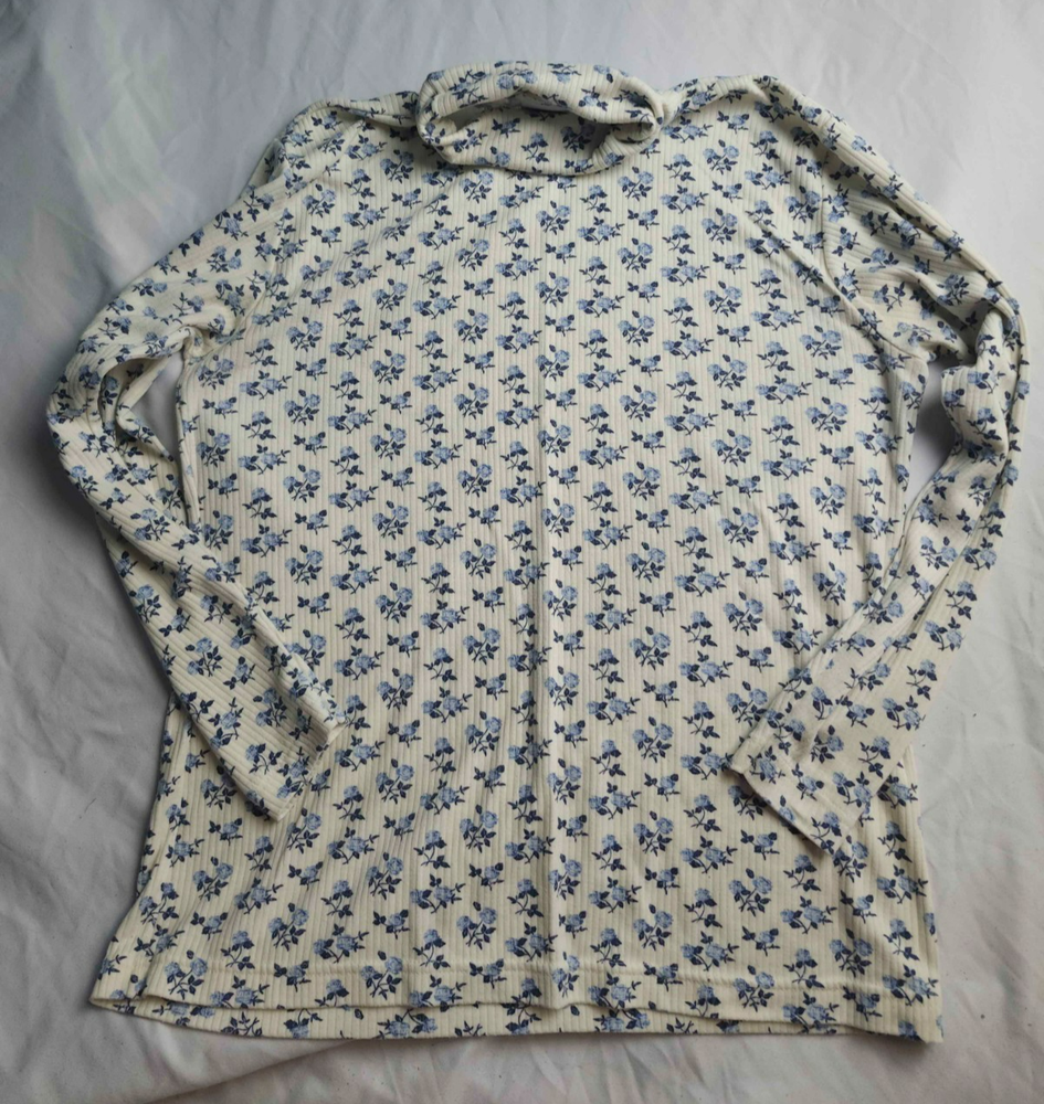 Vintage 90s Bobbie Brooks Top Womens L White Blue Floral Turtleneck Cottagecore