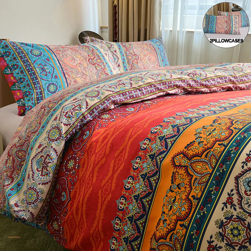 Bohemian Elegance Brushed Polyester Duvet Cover Set with Pillowcases for Ultimate Comfort