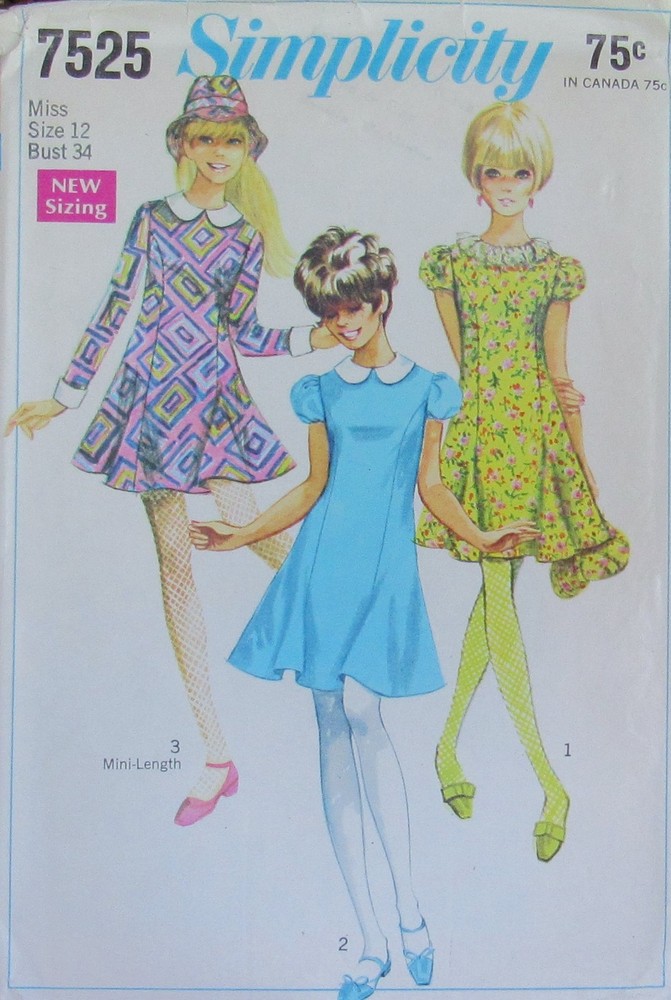 VTG 60s Simplicity 7525 Misses 12 Flirty Princess Mini Dress Womens Pattern UNCT